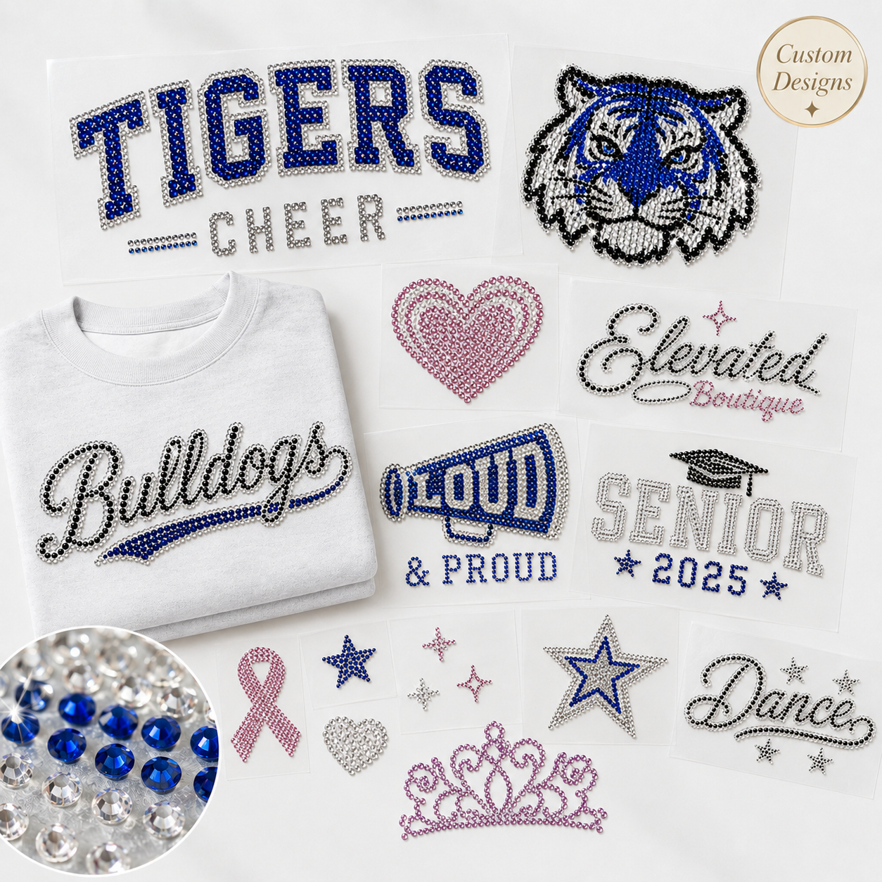 Custom rhinestone transfer design for apparel, teams, and event merchandise
