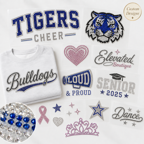 Custom rhinestone transfer design for apparel, teams, and event merchandise