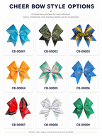 Cheer bow kit component layout with ribbon strips and logo center details