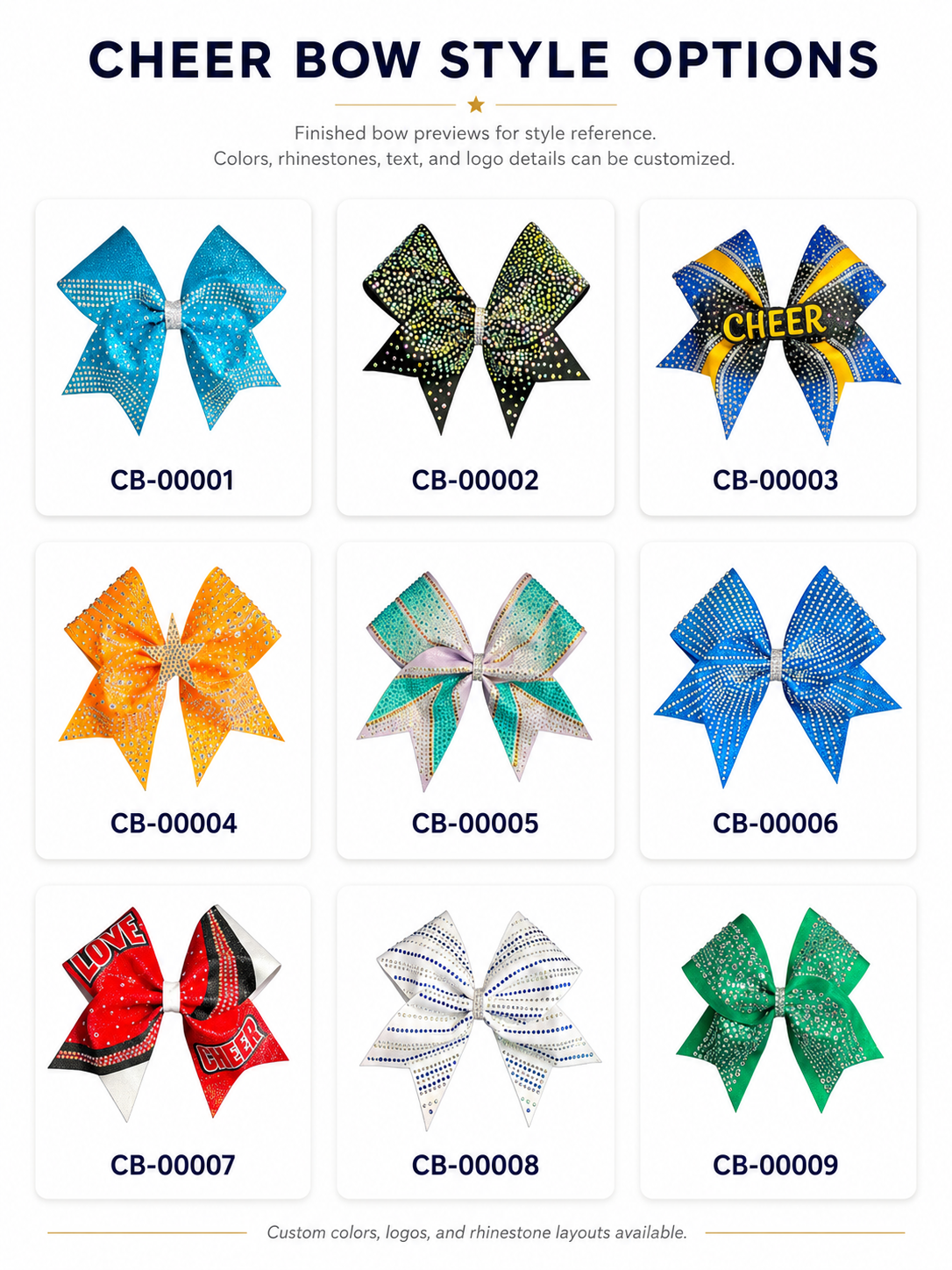 Cheer bow kit component layout with ribbon strips and logo center details