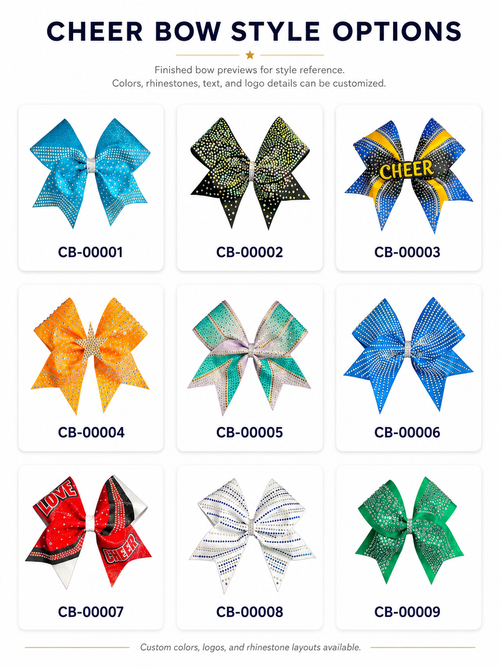 Cheer bow kit component layout with ribbon strips and logo center details